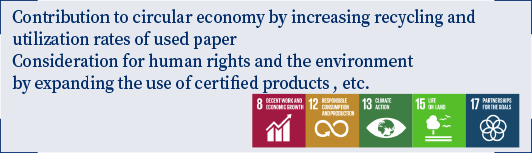 Contribution to circular economy by increasing recycling and utilization rates of waste paper  Human rights and environmental consideration by expanding the use of certified products